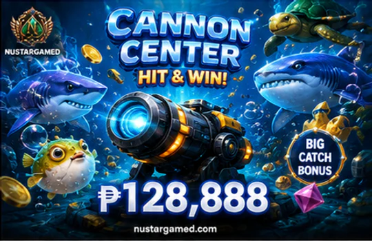 NUSTARGAME fishing targets crossing an underwater screen beside visible cannon controls