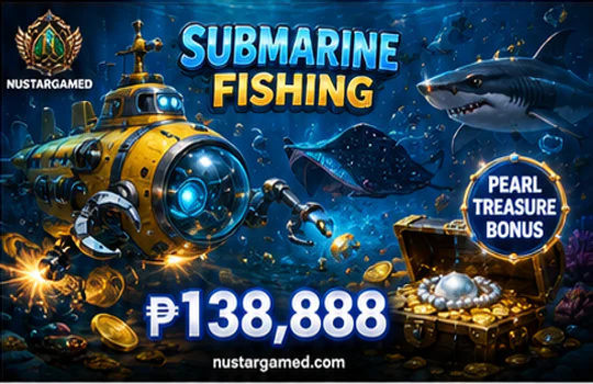 NUSTARGAME fishing mobile screen with target, shot cost, mode, resource display, and stop control